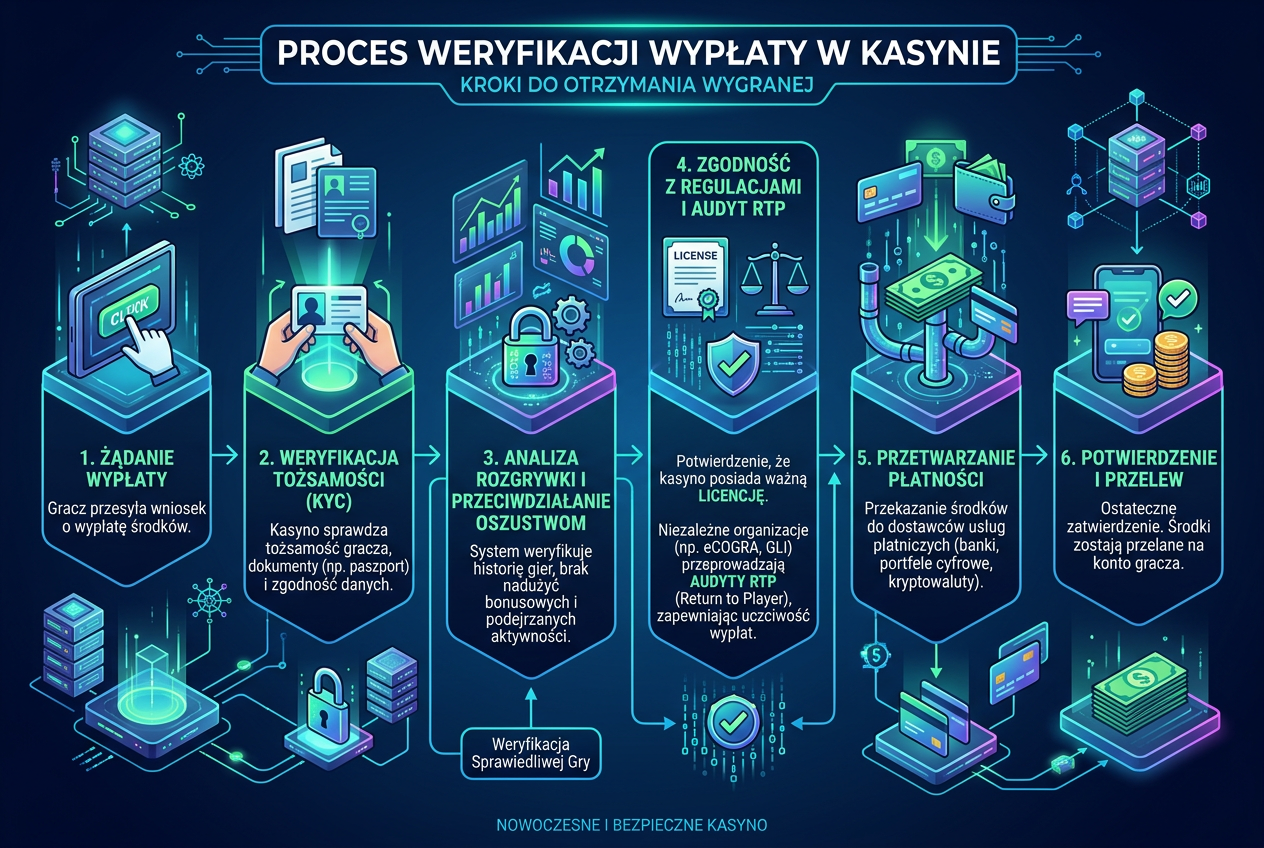 Infografika przedstawiająca proces weryfikacji wypłacalności kasyna