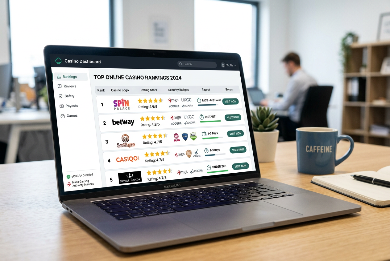 Interfejs rankingu kasyn online na laptopie pokazujący oceny i certyfikaty bezpieczeństwa