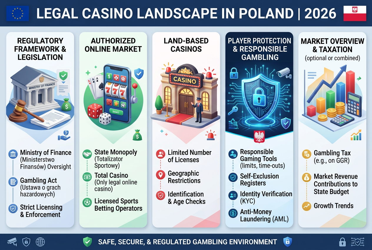 Infografika przedstawiająca status prawny kasyn online w Polsce w 2026 roku