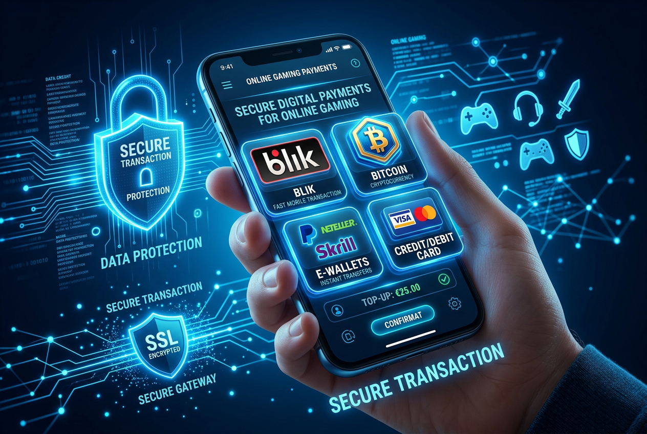 Infografika nowoczesnych metod płatności cyfrowych w kasynach online w tym BLIK i kryptowaluty